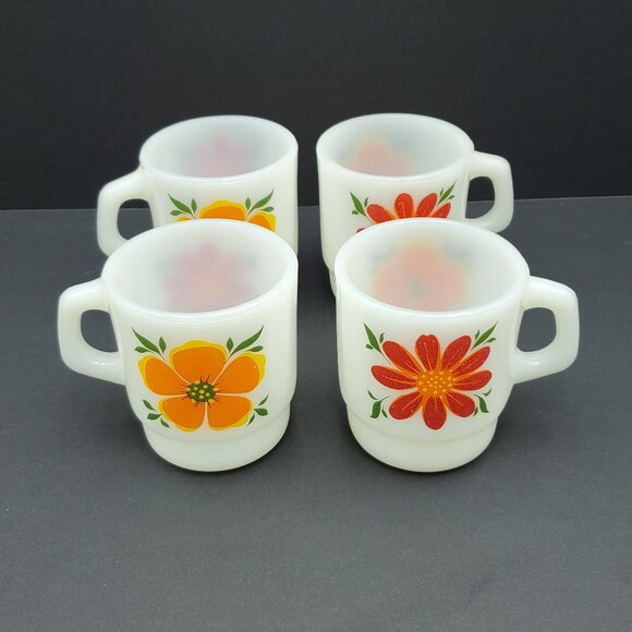 Anchor Hocking Red Flower Orange Flower Mugs White Milk Glass Floral Mugs